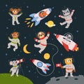 Space adventures animals set. Cute animal wear suits and flying in universe. Game children characters, funny kids