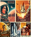 Space adventures set flyers colorful