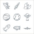 space and aircraft line icons. linear set. quality vector line set such as aeroplane, zeppelin, rocket, ufo, mars, jupiter, moon Royalty Free Stock Photo