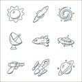 space and aircraft line icons. linear set. quality vector line set such as saturn, rocket, pistol, ufo, aeroplane, satellite dish