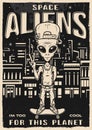 Space aliens vintage flyer monochrome