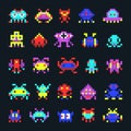 Space aliens vintage video computer arcade game pixel vector monster icons