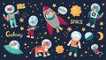 Space animal kids. Cartoon baby astronauts with stars and planets and spaceships. Vector doodle animals in space Royalty Free Stock Photo