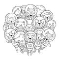 Space animals circle shape pattern for coloring book. Cute animals astronauts