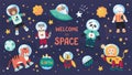 Space animals. Cute cartoon trendy baby animal characters in space suits, set of science kids in cosmos. Vector flat Royalty Free Stock Photo