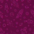 Space animals on dark pink seamless vector background. Rocket ships. Animal astronauts mouse, cat, giraffe, dog, and lion in