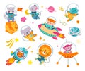 Space animals set in cosmonaut suit. Astronauts flying in rocket and in open universe. Planets, stars comet and