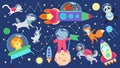 Space animals set. Kid planets, flat cartoon animal astronauts. Cute characters in spaceship, flying in rocket in Royalty Free Stock Photo