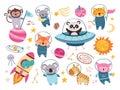 Space animals set. Panda astronaut in spaceship, cartoon animal. Dog, fox tiger in suit, crocodile in rocket explorer Royalty Free Stock Photo