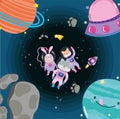 space animals in spacesuit and planets adventure explore cartoon
