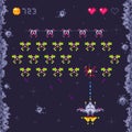 Space arcade game level. Retro invaders, pixel art video games and monster invader spaceship gaming vector illustration