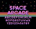 Space Arcade vector font design. Retro vintage modern round bold font with purple colors. Gaming, sci-fi and other retro,