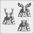 Space and astronaut emblems, labels and design elements. Elk, deer and wild boar in a space suit. Print design for t-shirt. Royalty Free Stock Photo
