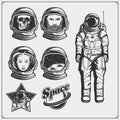 Space and astronaut emblems, labels and design elements. Man, girl and skull in a space suit. Vintage style.