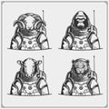 Space and astronaut emblems, labels and design elements. Ram, gorilla, cow and leopard in a space suit. Print design for t-shirt.