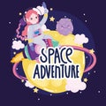 Space astronaut girl in spacecraft planet moon explore orbit cute cartoon