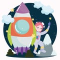 Space astronaut girl spaceship exploration and discovery cute cartoon