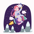 Space astronaut girl in spaceship explore and adventure cute cartoon