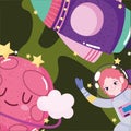 Space astronaut girl spaceship and planet galaxy adventure cute cartoon