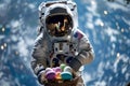 A space astronaut hold Easter eggs in basket. earth planet background. Generative ai