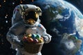 A space astronaut hold Easter eggs in basket. earth planet background. Generative ai