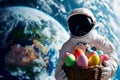 A space astronaut hold Easter eggs in basket. earth planet background. Generative ai