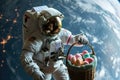 A space astronaut hold Easter eggs in basket. earth planet background. Generative ai