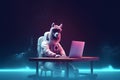 space astronaut llama works on laptop. blue and dark neon background, Generative AI