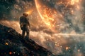 Space. Astronaut standing on a planet looking at a large meteorite. ,Fast Moving,Shocking Magnificence,Great Explosion,Generative
