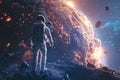 Space. Astronaut standing on a planet looking at a large meteorite. ,Fast Moving,Shocking Magnificence,Great Explosion,Generative