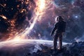 Space. Astronaut standing on a planet looking at a large meteorite. ,Fast Moving,Shocking Magnificence,Great Explosion,Generative