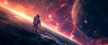 Space. Astronaut standing on a planet looking at a large meteorite. ,Fast Moving,Shocking Magnificence,Great Explosion,Generative