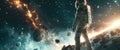 Space. Astronaut standing on a planet looking at a large meteorite. ,Fast Moving,Shocking Magnificence,Great Explosion,Generative