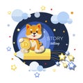 Space. Baby doge mascot. Funny puppy Shiba inu travels in space. Doge meme character emblem