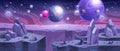 Space background, alien planet landscape, cosmic purple rocks, vector cartoon fantasy game banner.
