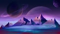 Space background, alien purple landscape with large planets and mountains on the horizon