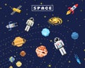 Space background, alien spaceman, robot rocket and satellite cubes solar system planets pixel art, digital vintage game