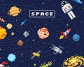 Space background, alien spaceman, robot rocket and satellite cubes solar system planets pixel art, digital vintage game