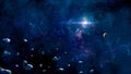 Space background. Asteroid fly in colorful fractal blue nebula with planet. Elements furnished by NASA. 3D rendering Royalty Free Stock Photo