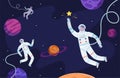 Space background. Astronaut in suit working on asteroids or moon professional cosmonaut vector person
