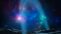 Space background. Astronaut walking on land in colorful fractal nebula with ring gate. Elements furnished by NASA. 3D rendering
