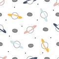 Space background baby seamless pattern for kids Cartoon style design. Use for prints, wallpaper, decorations, textiles, vector