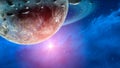 Space background. Blue cloudy nebula with planet, asteroid and ring. Elements furnished by NASA. 3D rendering Royalty Free Stock Photo