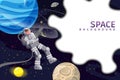 Space background card with spaceman, sun, planet, UFO, stars. Austronaut panoramic space template. Banner, vector
