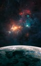 Space background. Colorful blue and red nebula with planet and star field. Digital painting, Elements furnished by NASA Royalty Free Stock Photo