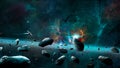 Space background. Colorful fractal nebula with spaceship and asteroids. Elements furnished by NASA. 3D rendering Royalty Free Stock Photo