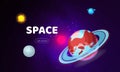 Space background. Cosmos with planets banner vector illustration. Spaceship travel to new planets and galaxies. Trip