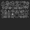 Space background doodle illustration. Vector illustration. Pattern with cartoon space rockets, planets, stars. Royalty Free Stock Photo