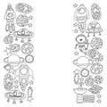 Space background doodle illustration. Vector illustration. Pattern with cartoon space rockets, planets, stars. Royalty Free Stock Photo