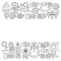 Space background doodle illustration. Vector illustration. Pattern with cartoon space rockets, planets, stars. Royalty Free Stock Photo